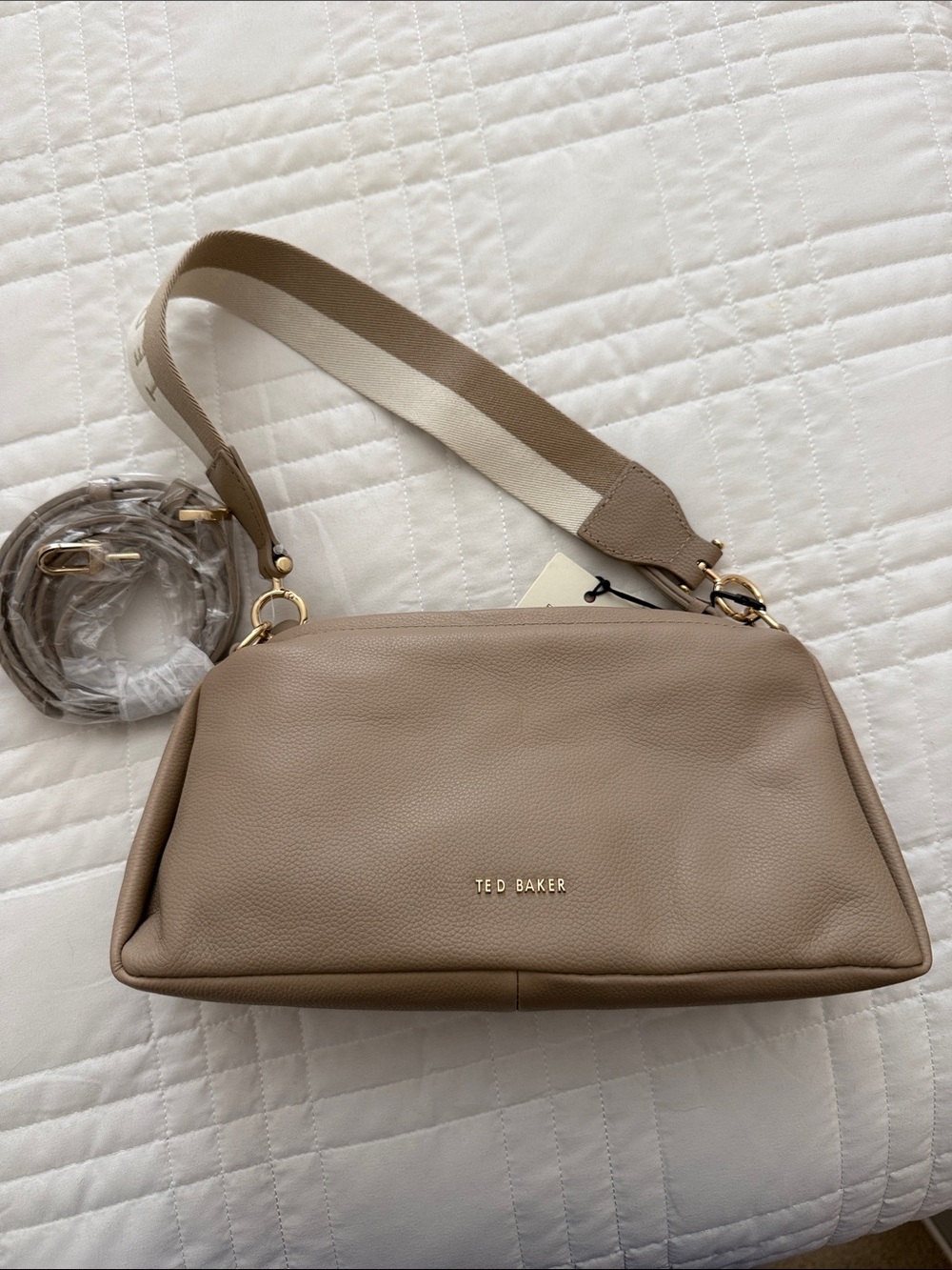 Ted Baker Taupe Pebbled Leather Shoulder Bag with Gold Hardware